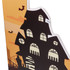 A custom-shaped frame featuring a silhouette of a spooky house with bats against an orange background.