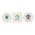 A set of coasters featuring a plant illustration, a logo, and a decorative pattern, in a variety of shapes.