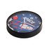 A round wall clock with a space-themed design featuring rockets, planets, and a black frame.