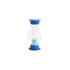 A blue and clear sand timer with a round centre, designed to measure three minutes.