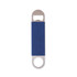 A drink bottle opener featuring a blue PU handle and stainless steel ends, with a logo on the surface.