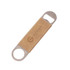 A drink bottle opener featuring a stainless steel end and a brown PU leather handle, adorned with a logo.