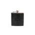 A drink bottle, classic hip flask in black leather with a silver top and an embossed logo.