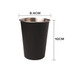 A stainless steel cup in black, measuring 10cm high and 8.4cm wide, featuring a sleek design and a logo.