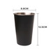 A drink bottle with a black exterior and stainless steel interior, measuring 12.5cm tall and 8.8cm wide. Features a logo.