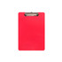 A red clipboard with a metal clip on the top. The surface is smooth and glossy.