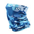 A blue camouflage Ice Silk Neck Gaiter with a branding logo. Suitable as a clothing accessory.