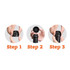 A drink bottle stopper with a black design, demonstrating three steps for use, featuring hands engaging with the product.