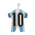 A hanging mini jersey in blue and white stripes with a black number 10. It has a suction cup for display.