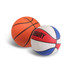 Two basketballs are displayed: one orange with black markings and one white with red and blue accents. Both feature logos.