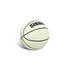 A white basketball featuring black lines and lettering, with a textured surface, and a logo.