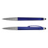 A metallic blue stylus pen featuring a silver grip and a logo. The pen has a sleek design with a clip.