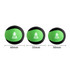 Three green water bouncing balls in varying sizes, featuring black accents and a logo on each.