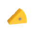 A yellow triangle-shaped candle with small holes, resembling a piece of cheese, features a metal base.