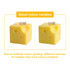 Square cheese-shaped candles in bright yellow, featuring holes resembling Swiss cheese. Includes a branding logo.