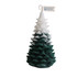 A Christmas tree-shaped candle in dark green and white, featuring multiple layered branches. It has a logo on a small banner.