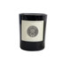 A black glass candle with a cream label featuring a circular logo and text. Ideal for home decor.