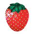 A custom-shaped beach towel in the design of a red strawberry with green leaves. It features a logo.