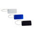 Square aluminium luggage tags in white, blue, and black, each attached to a metal ring.