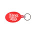 A red oval keyring with a keychain attachment, featuring a logo design.