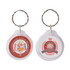 A round acrylic keyring featuring red and white designs on each side, with logos and branding.