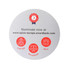 A round promotional mouse mat featuring a white surface with red icons and a logo.