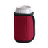 A drink bottle is nestled in a red Velcro wrap stubby holder with a black trim. The holder features a logo.