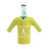 A drink bottle cooler in bright yellow, designed to resemble a cricket jersey, featuring a logo and message.