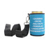 A drink bottle holder in turquoise with a black strap and a metal clip, featuring a logo.
