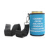A drink bottle stubby holder in blue, featuring a keychain, with a can inside and text listings.