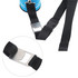 A drink bottle stubby holder in blue with a black strap and metal clip for securing. Features a logo on the holder.
