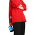 A drink bottle holder in blue with a strap, attached to a person's side, worn with a red shirt and black pants.