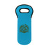 A drink bottle cooler in bright blue, featuring a handle and a logo.