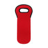 A drink bottle cooler in bright red with a handle, featuring a black border and a branding logo.
