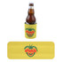 A drink bottle is nestled in a yellow stubby holder featuring a logo with a pineapple design.