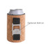 A drink bottle holder made of cork with a black strap and a silver bottle opener attachment.