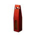 A drink bottle packaging in red cardboard, featuring a cut-out window and a handle. It has a logo on the side.