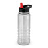 A drink bottle featuring a clear body with black accents and a red spout. It includes a logo on the surface.