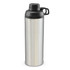 A drink bottle in silver metal with a black screw cap and handle, featuring a logo on the side.