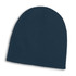 A navy blue cable knit beanie featuring a ribbed texture and a logo on the side.
