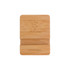 A bamboo phone holder with a natural finish, featuring a simple design and a logo on its surface.