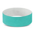 A turquoise Tyvek event wristband with a textured appearance and a plain interior. Features a logo or branding element.