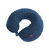 A navy U-shaped travel pillow made of soft fabric, featuring a brand logo.