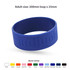 A blue debossed silicone wristband with a logo, showcasing a simple, smooth design. Available in various colours.