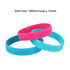 Three silicone wristbands in pink and light blue, featuring a logo on each band. They are designed for kids.