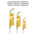 Three concave feather banners in orange and yellow, varying in size: large, medium, and small, with black poles.