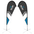 Two large teardrop banners, predominantly black and grey with blue accents, featuring a logo.