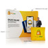A curved tension fabric display wall featuring a yellow and white design, with a product image and a figure beside it.