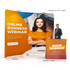 A C-shaped tension fabric display wall in orange and white with a model, promotional text, and a logo.