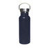 A drink bottle in navy blue with a stainless steel lid and a metal handle, featuring a logo.